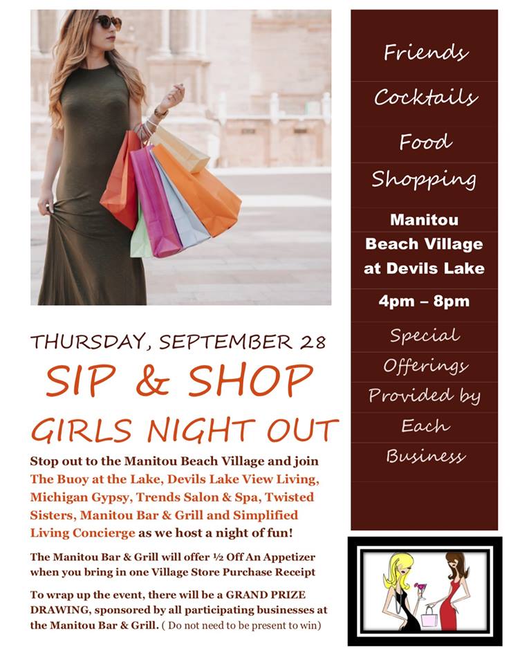 A night of shopping and tastings September 28th in the Manitou Beach Village!